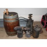 A WOODEN KEG TOGETHER WITH VINTAGE BURNERS ETC (5)