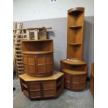 A RETRO 'NATHAN' TEAK LOW CORNER UNIT, TELEVISION CABINET AND A TALLER CORNER CABINET (3)