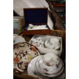 A BASKET OF ASSORTED CERAMICS TO INCLUDE A MASONS MANDALAY FRUIT BOWL, TOGETHER WITH A MAHOGANY