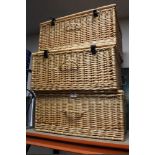 THREE MODERN TWIN HANDLED WICKER PICNIC HAMPER BASKETS