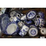 A TRAY OF ANTIQUE AND VINTAGE BLUE AND WHITE CHINA TO INCLUDE BOOTHS, SPODE, CAULDON CHINA ETC.