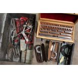 A SELECTION OF HANDTOOLS ETC TO INCLUDE DRILL BITS, MEASURING TOOLS, RATCHET ATTACHMENTS, SPANNERS