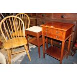 TWO SMALL OCCASIONAL STANDS / CHESTS WITH TWO MODERN CHAIRS (4)