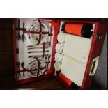 A RETRO / VINTAGE BREXTON 4 PERSON PICNIC HAMPER WITH BARKER BROS 'FIESTA' PATTERN TEAWARE