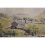 HENRY W. BRACKEN - A FRAMED AND GLAZED WATERCOLOUR DEPICTING A COTTAGE IN THE HILLSIDE(SEE VERSO)