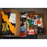 THREE BOXES OF VINTAGE SCALEXTRIC & ACCESSORIES TO INCLUDE CARS, TRACK, TRANSFORMERS ETC