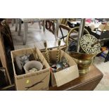 A COLLECTION OF MOSTLY BRASSWARE TO INC TWIST STEM CANDLESTICKS, COAL BUCKET ETC