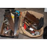 TWO BOXES OF HANDTOOLS ETC TO INCLUDE SAWS