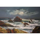 PRUDENCE TURNER - A FRAMED OIL ON BOARD DEPICTING A ROCKY COASTAL SCENE WITH CRASHING WAVES SIGNED