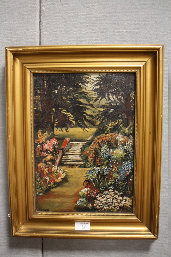 T HAXON - A GILT FRAMED OIL ON CANVAS OF A COUNTRY GARDEN SCENE 48.5CM X 39CM - Image 2 of 4