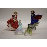 A ROYAL DOULTON MAY FIGURE, TOGETHER WITH TOP O THE HILL AND TWO SMALLER CERAMIC LADY FIGURES (4)