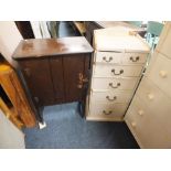 A VINTAGE 6 DRAWER COVERED CHEST H-86 CM W-39 CM A/F TOGETHER WITH A VINTAGE WOODEN CUPBOARD