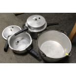 TWO PRESSURE COOKERS TO INCLUDE A TOWER EXAMPLE, TOGETHER WITH TWO JAM PANS (4)