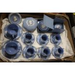 A TRAY OF WEDGWOOD JASPERWARE CUPS AND SAUCERS, TRINKET POTS ETC.