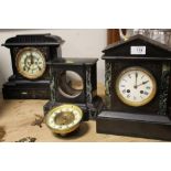 A VINTAGE SLATE MANTEL CLOCK, TOGETHER WITH ANOTHER A/F AND A METAL EXAMPLE (3)