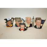 A COLLECTION OF FIVE ROYAL DOULTON CHARACTER JUGS TO INCLUDE MICHAEL DOULTON, JOHN DOULTON, THE