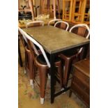 AN INDUSTRIAL STYLE TALL BAR TABLE WITH FOUR INDUSTRIAL STYLE METAL UPHOLSTERED BAR STOOLS, TABLE