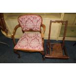 A 1930S MAHOGANY ARMCHAIR TOGETHER WITH A FOLDING BERGERE CHAIR A/F (2)