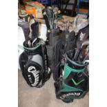 FOUR GOLFING CADDY BAGS PLUS A SELECTION OF CLUBS TO INCLUDE PERFECT, NIKE, ODYSSEY, CALLAWAY,
