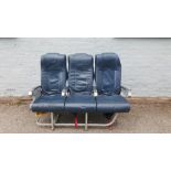 A ROW OF THREE BLUE LEATHER BOEING 737 AIRCRAFT SEATS W-149 CM