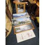 FOUR MODERN DECORATIVE PICTURES TOGETHER WITH A PINE FRAMED MIRROR (5)