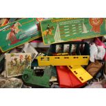 A TRAY OF VINTAGE TOYS TO INCLUDE AIRFIX, PEDIGREE HORSE JUMPING ETC,.