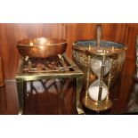 A COLLECTION OF BRASS AND COPPER TO INCLUDE A RECTANGULAR TRIVET STAND, BRASS FRAMED HOURGLASS
