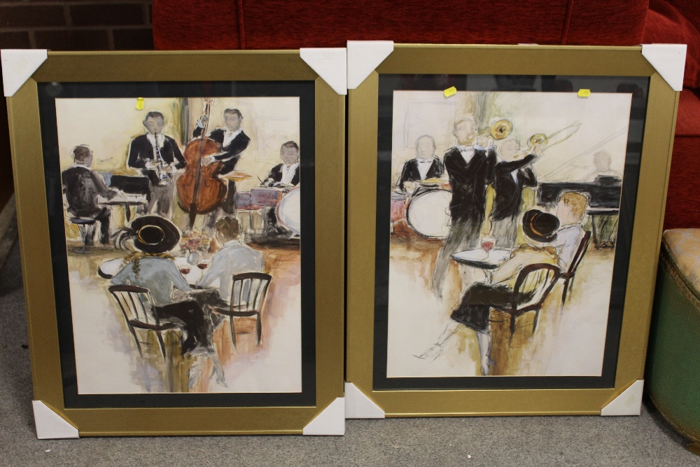 A PAIR OF MODERN FRAMED AND GLAZED PRINTS 67 CM X 82 CM