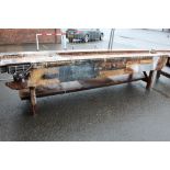 A LARGE WORKBENCH WITH MOUNTED RECORD VICE L-367 CM W-81 CM H-90 CM APPROX