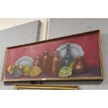 A VINTAGE FRAMED SILL LIFE OIL ON CANVAS OF ASSORTED ITEMS (UNSIGNED) 10CM X 41CM