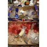 TWO TRAYS OF ASSORTED GLASSWARE TO INCLUDE A QUANTITY OF CRANBERRY STYLE GLASS, BABYCHAM DRINKING