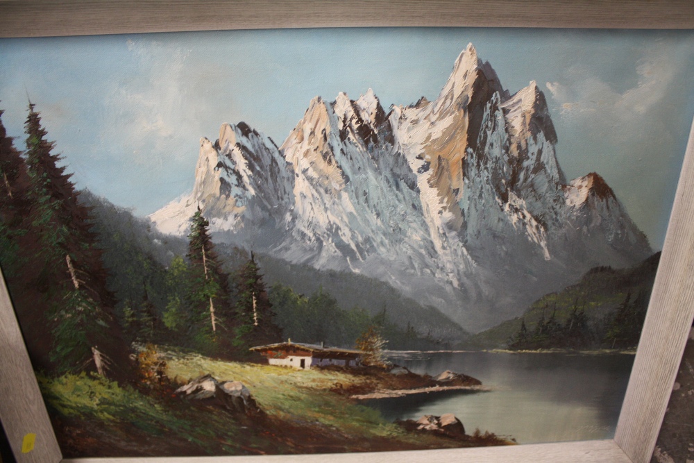 A COLLECTION OF ASSORTED PICTURES TO INCLUDE AN A W COOMER WATERCOLOUR A/F, MOUNTAINOUS LAKE SCENE - Image 3 of 4