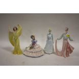 FOUR ASSORTED CERAMIC LADY FIGURES COMPRISING OF ROYAL DOULTON DAYDREAMS, COALPORT DINNER AT