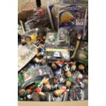 A BOX OF COLLECTABLE CORINTHIAN PREMIER LEAGUE FOOTBALL FIGURES, TOGETHER WITH MOTORBIKE TOYS ETC.