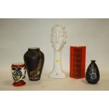 AN UNUSUAL STUDIO POTTERY BUST SIGNED STEVE JENKINS 2/5, TOGETHER WITH A CARLTONWARE VASE, SHELLEY