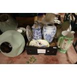 TWO TRAYS OF ASSORTED CERAMICS AND LAMPS ETC. TO INCLUDE BLUE AND WHITE, TOGETHER WITH A VINTAGE