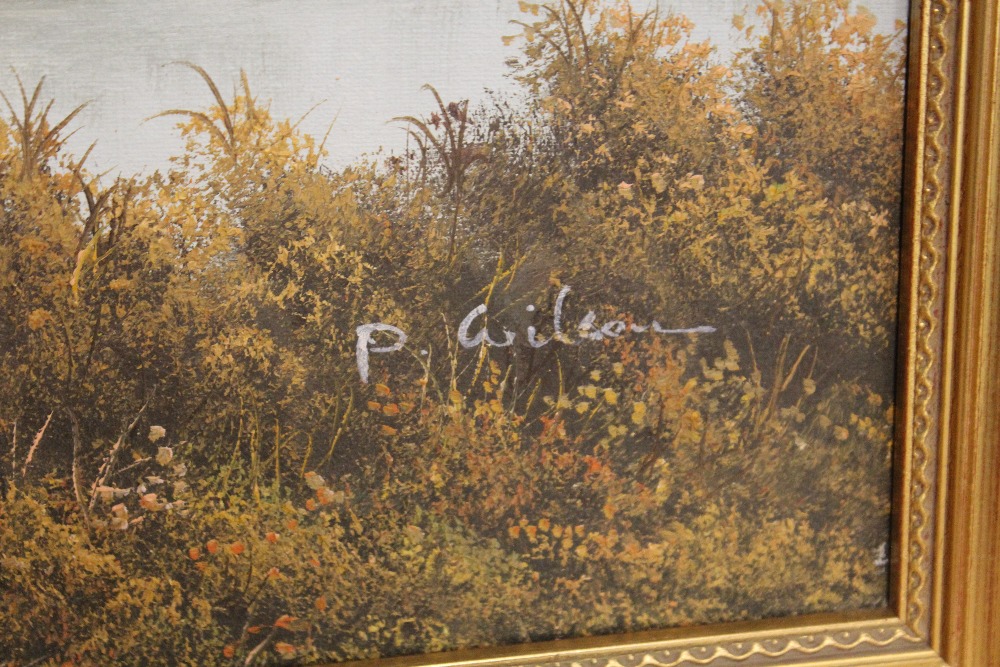 A GILT FRAMED OIL ON CANVAS DEPICTING A COUNTRY RIVER SCENE SIGNED P WILSON 84 CM X 58 CM - Image 3 of 4