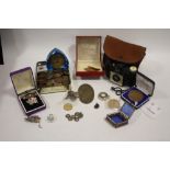 A BOX OF COLLECTABLES TO INCLUDE THREE PENCE PIECES, OMEGA WATCH BOX, GLASS CLOCK ETC.