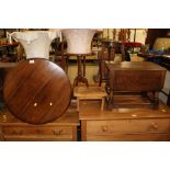 AN OAK CIRCULAR COFFEE TABLE, A DROPLEAF TABLE AND A RUSTIC PINE STOOL ( 3)