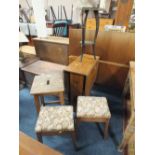 THREE ASSORTED VINTAGE STOOLS TOGETHER WITH A DROPLEAF TABLE AND A SIDE TABLE (5)