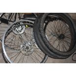 A SELECTION OF BIKE PART SPARES AND REPAIRS TO INCLUDE TYRES AND WHEELS ETC