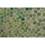 JUDITH CAIN - A FRAMED ABSTRACT WATERCOLOUR OF GREEN SPOTS 61 CM X 62 CM