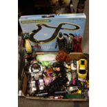 A TRAY OF MODERN TOYS TO INCLUDE ACTION FIGURES, TOGETHER WITH A BOXED MICRO SCALEXTRIC SET (