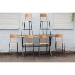 AN INDUSTRIAL STYLE TALL BAR TABLE H-110 CM W-70 CM L-200 CM WITH SIX WOOD AND METAL BAR STOOLS