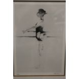 R. HEINDEL - A FRAMED AND GLAZED SIGNED LIMITED EDITION PRINT OF A BALLERINA 237/500 53CM X 42CM