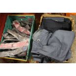 FIVE BOXES OF ASSORTED CLOTHING AND ACCESSORIES TO INCLUDE TROUSERS, SHIRTS, PURSES ETC.