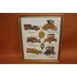 A FRAMED AND GLAZED SILK WORK OF VINTAGE AND CLASSIC CARS 64 CM X 54 CM