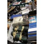THREE TRAYS OF ASSORTED SUNDRIES TO INCLUDE A PAIR OF INFRA MINOX BINOCULARS A/F, CONSOLE GAMES ETC.