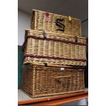 THREE MODERN TWIN HANDLED WICKER PICNIC HAMPER BASKETS