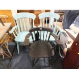 A PAIR OF SHABBY CHIC STYLE PAINTED ARMCHAIRS AND ANOTHER (3)